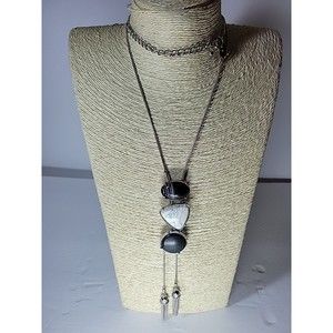 Chico's Silver Tone Lariat Y-Drop Tassel Necklace Dyed Howlite Lucite Cabochon